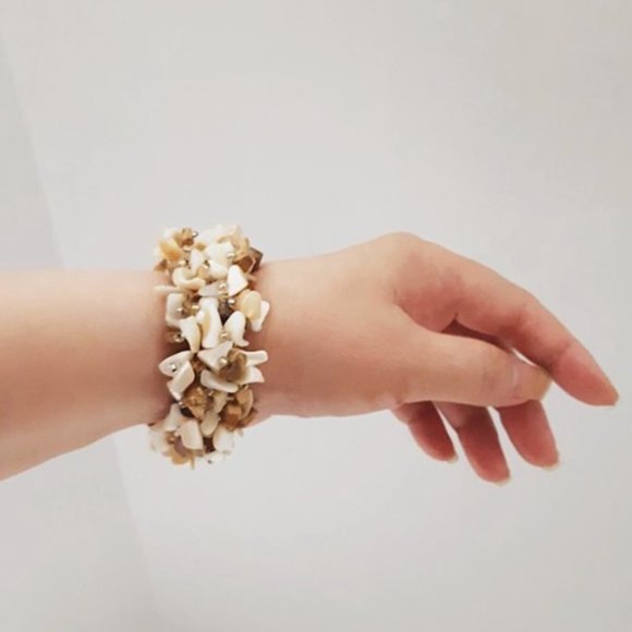 Elastic Bracelet (br10) Handmade Natural Beige Brown Mother of Pearl Shell 7"-8" - Picture 2 of 9